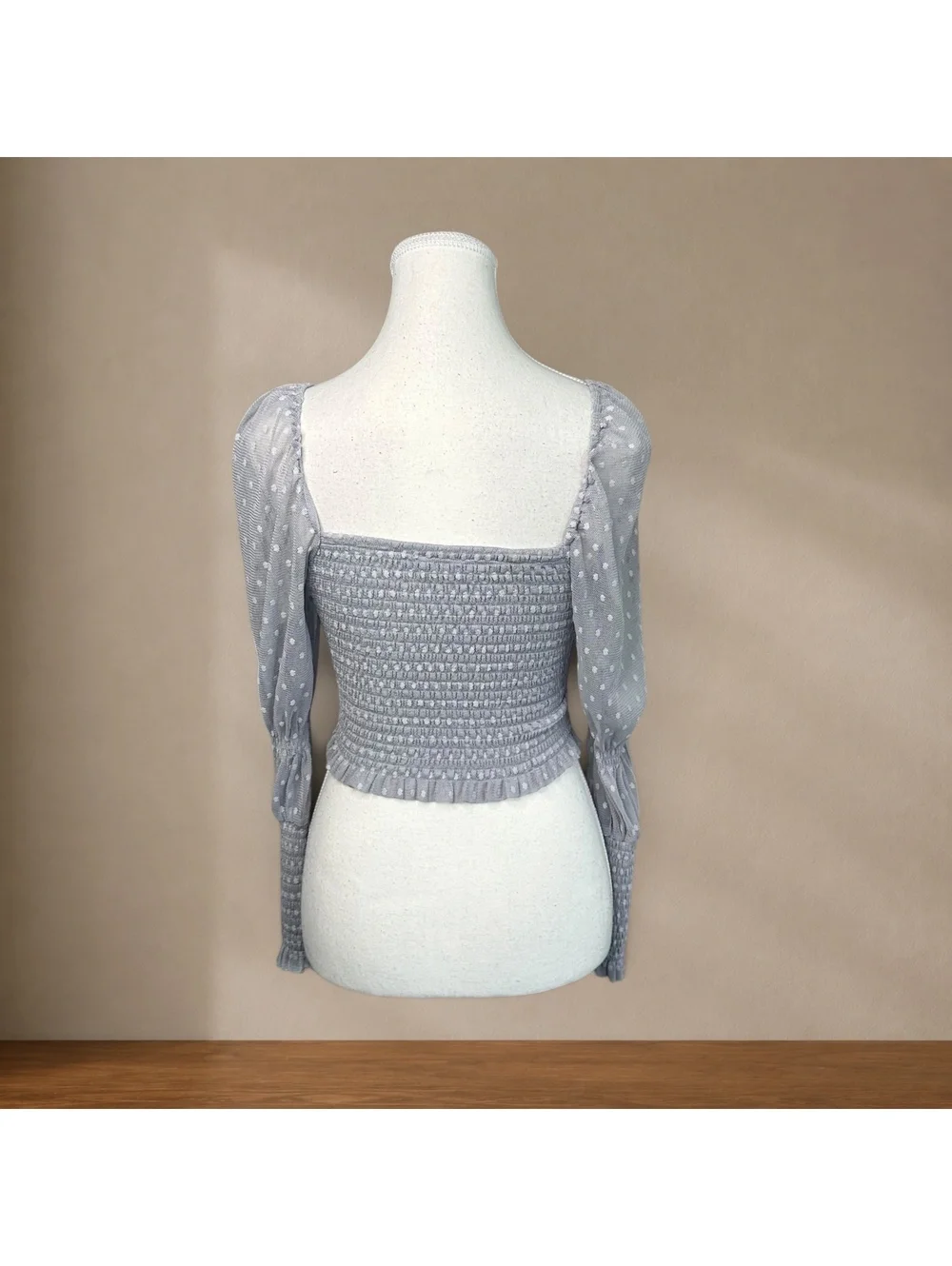 Free People Smocked Mesh Top Gray Swiss Dot Puff Sleeve Cottagecore Romantic